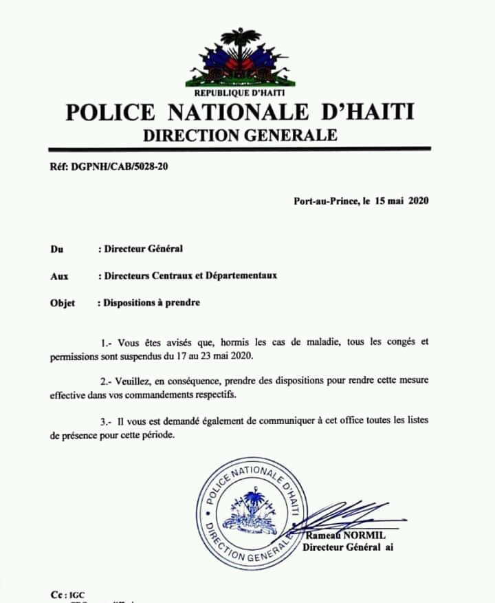 Haïti-Sécurité: Suspension de congé et de permission du 17 au 23 mai. 7